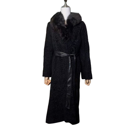 26-240 ARIANNA SWAKARA KARAKUL FUR COLLAR LONG COAT OVERCOAT BLACK SIZE S/M JAPAN