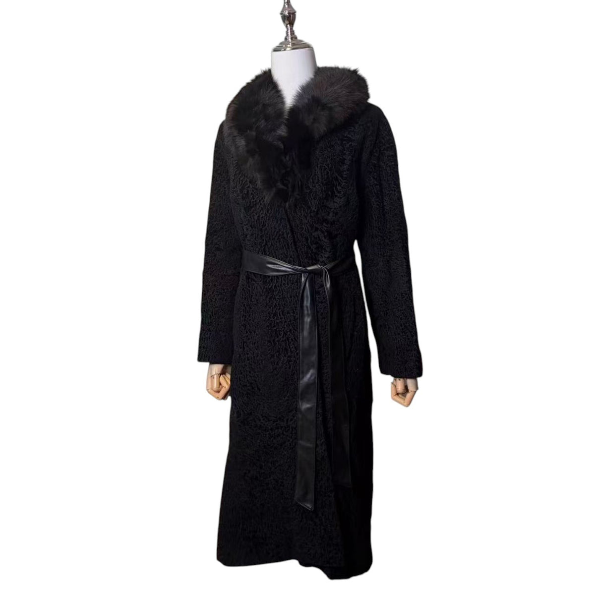 26-240 ARIANNA SWAKARA KARAKUL FUR COLLAR LONG COAT OVERCOAT BLACK SIZE S/M JAPAN