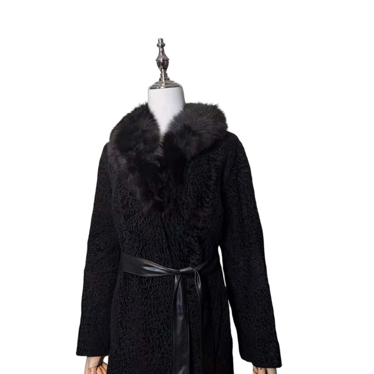 26-240 ARIANNA SWAKARA KARAKUL FUR COLLAR LONG COAT OVERCOAT BLACK SIZE S/M JAPAN