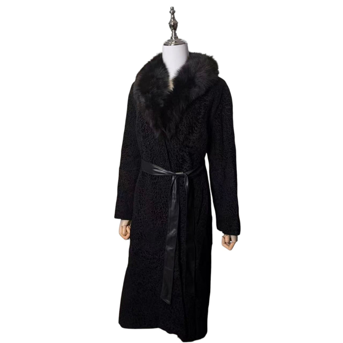 26-240 ARIANNA SWAKARA KARAKUL FUR COLLAR LONG COAT OVERCOAT BLACK SIZE S/M JAPAN