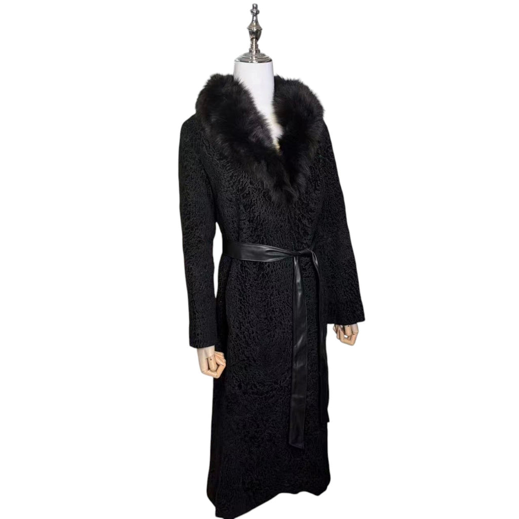 26-240 ARIANNA SWAKARA KARAKUL FUR COLLAR LONG COAT OVERCOAT BLACK SIZE S/M JAPAN