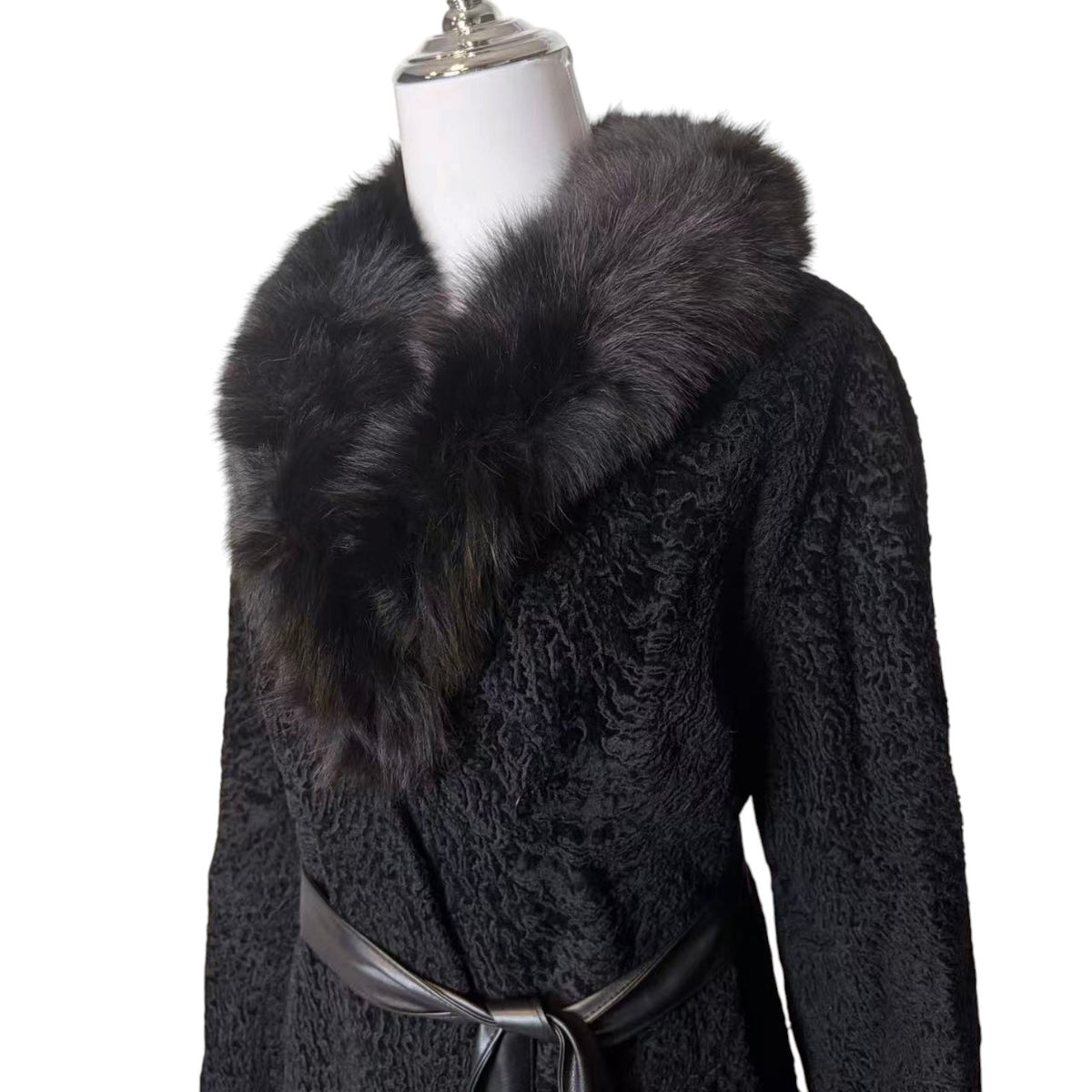 26-240 ARIANNA SWAKARA KARAKUL FUR COLLAR LONG COAT OVERCOAT BLACK SIZE S/M JAPAN