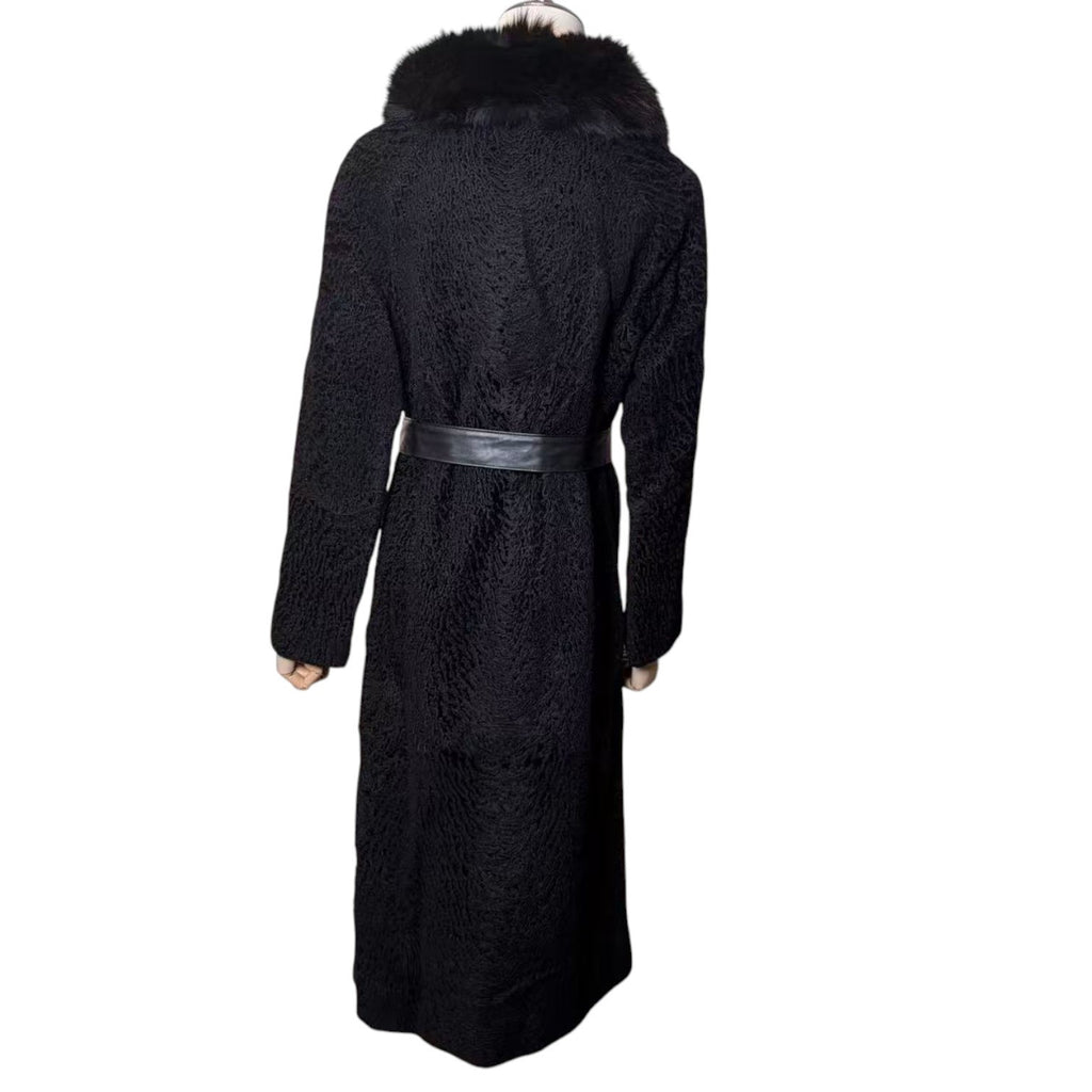 26-240 ARIANNA SWAKARA KARAKUL FUR COLLAR LONG COAT OVERCOAT BLACK SIZE S/M JAPAN