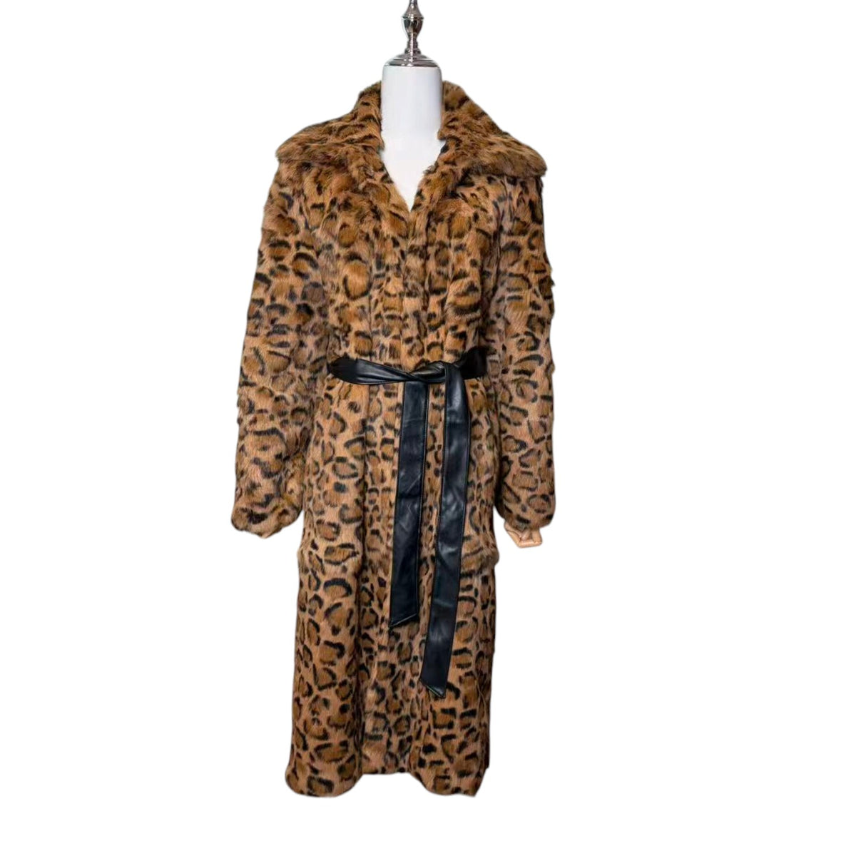 26-241 LUXURY REAL RABBIT FUR COAT LEOPARD ANIMAL PRINT LONG JACKET BELTED M JAPAN image 1