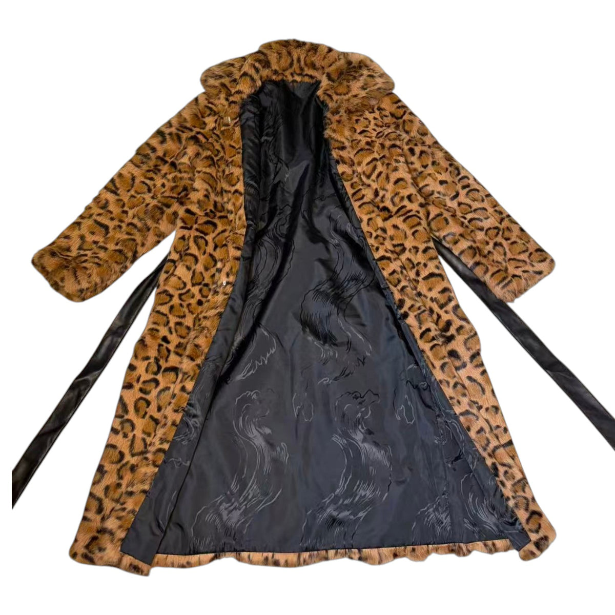 26-241 LUXURY REAL RABBIT FUR COAT LEOPARD ANIMAL PRINT LONG JACKET BELTED M JAPAN image 2