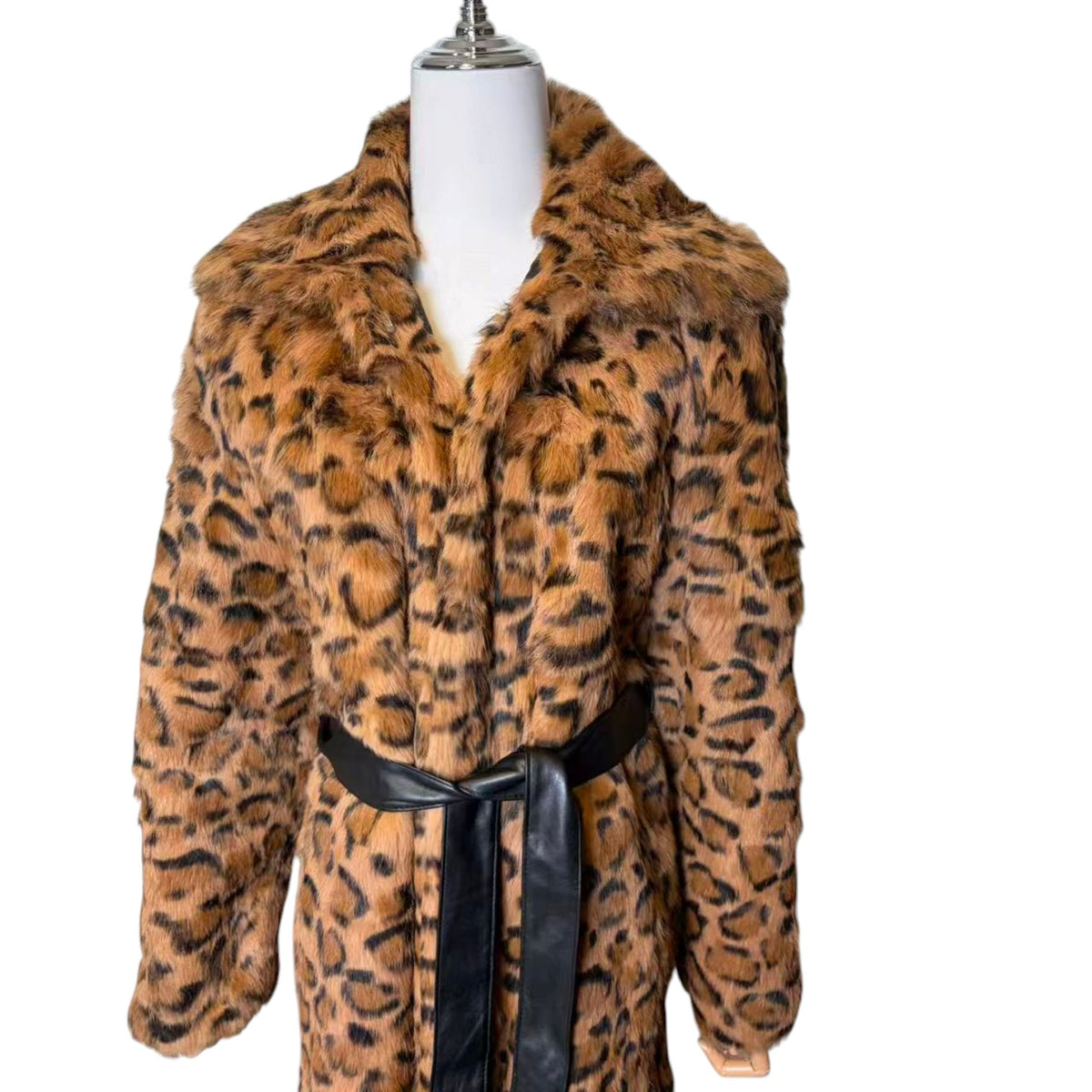 26-241 LUXURY REAL RABBIT FUR COAT LEOPARD ANIMAL PRINT LONG JACKET BELTED M JAPAN image 3