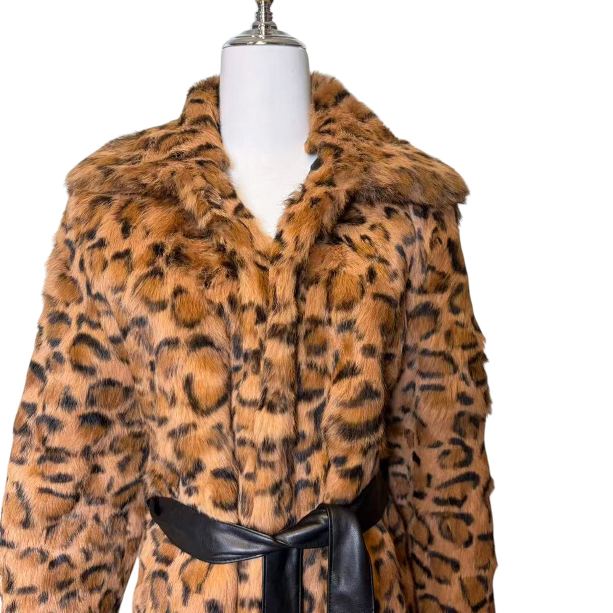 26-241 LUXURY REAL RABBIT FUR COAT LEOPARD ANIMAL PRINT LONG JACKET BELTED M JAPAN image 4