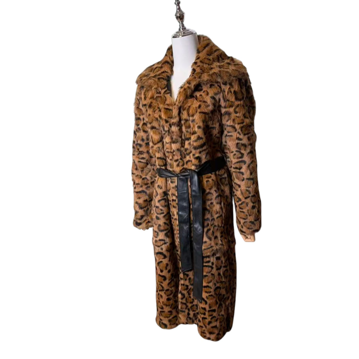 26-241 LUXURY REAL RABBIT FUR COAT LEOPARD ANIMAL PRINT LONG JACKET BELTED M JAPAN image 5