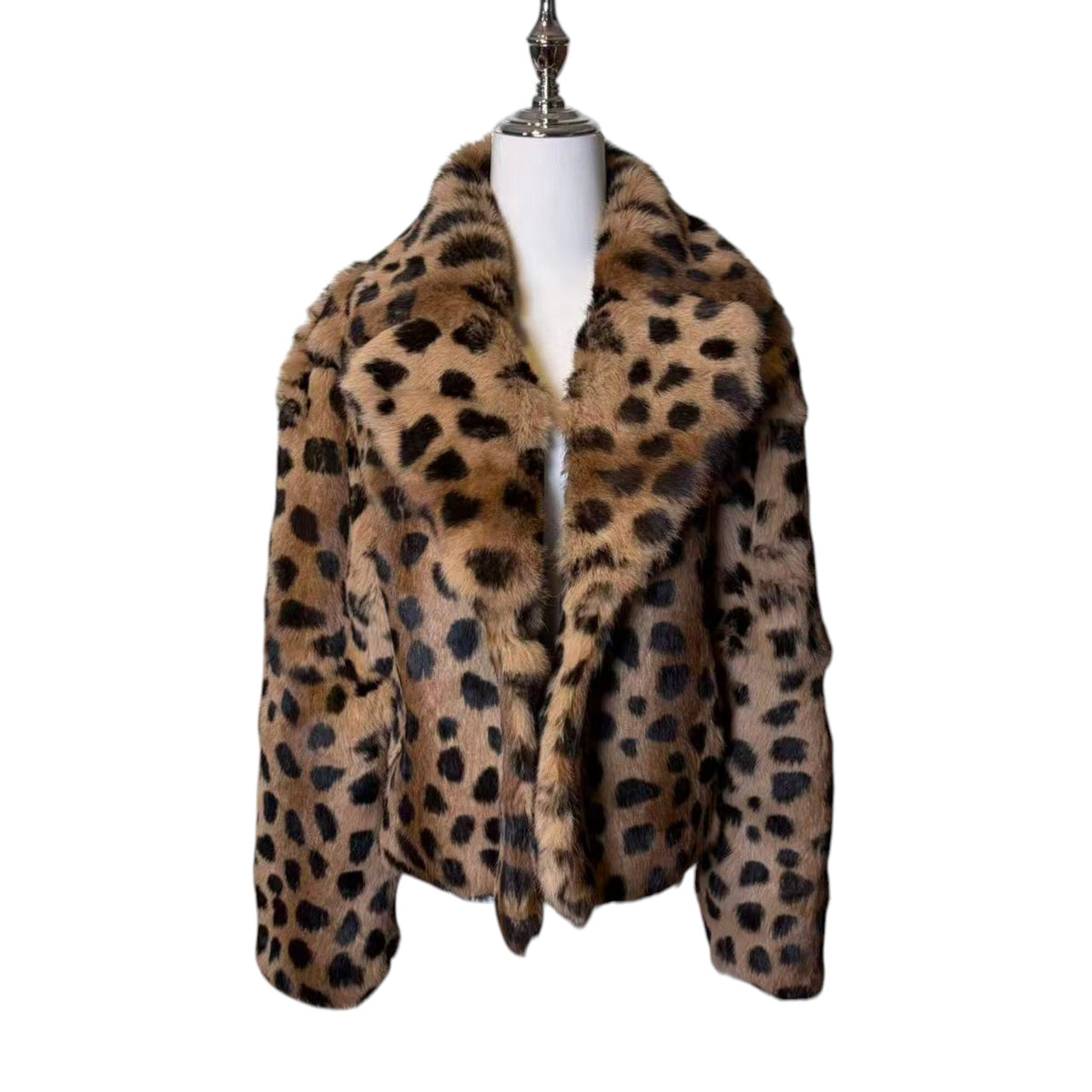 26-242 REAL RABBIT FUR CROPPED JACKET COAT LEOPARD PRINT BELTED LUXURY M JAPAN image 1
