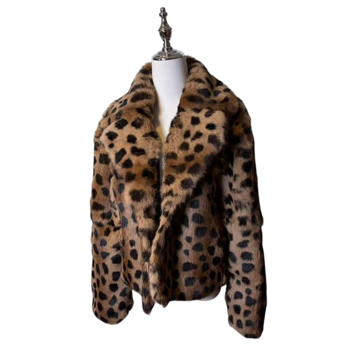 26-242 REAL RABBIT FUR CROPPED JACKET COAT LEOPARD PRINT BELTED LUXURY M JAPAN image 2