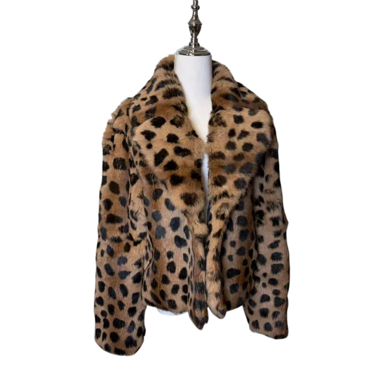 26-242 REAL RABBIT FUR CROPPED JACKET COAT LEOPARD PRINT BELTED LUXURY M JAPAN image 4