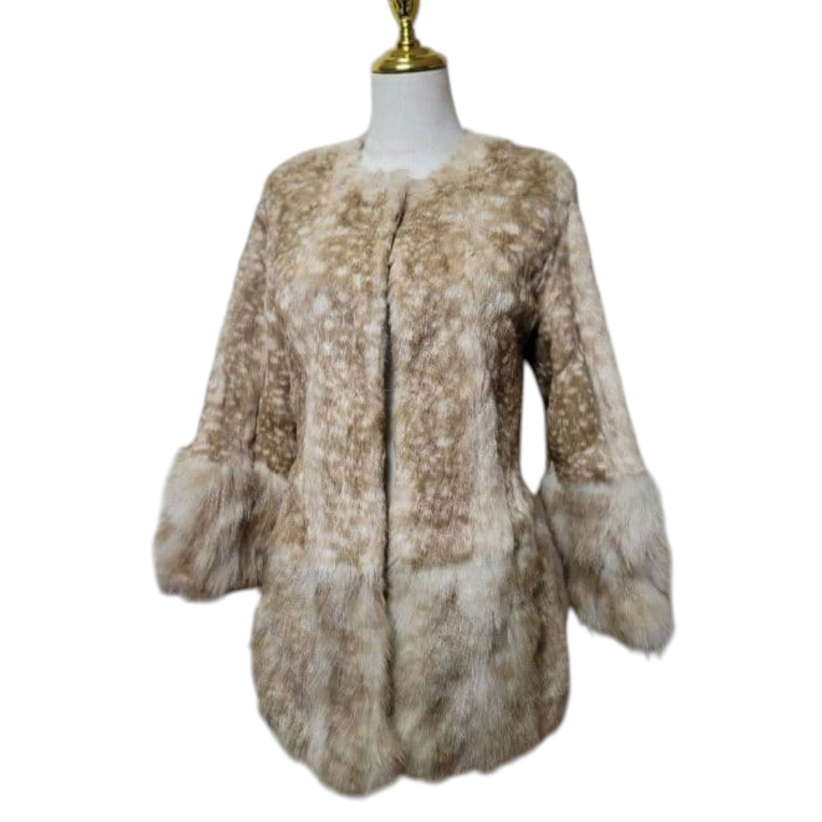 26-266 REAL FOX FUR SHEEPSKIN FAWN PRINT COAT JACKET CAMEL BEIGE SIZE S JAPAN