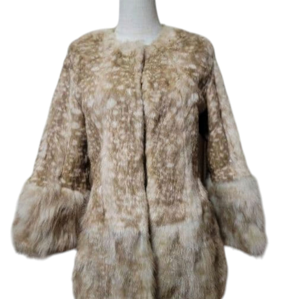 26-266 REAL FOX FUR SHEEPSKIN FAWN PRINT COAT JACKET CAMEL BEIGE SIZE S JAPAN