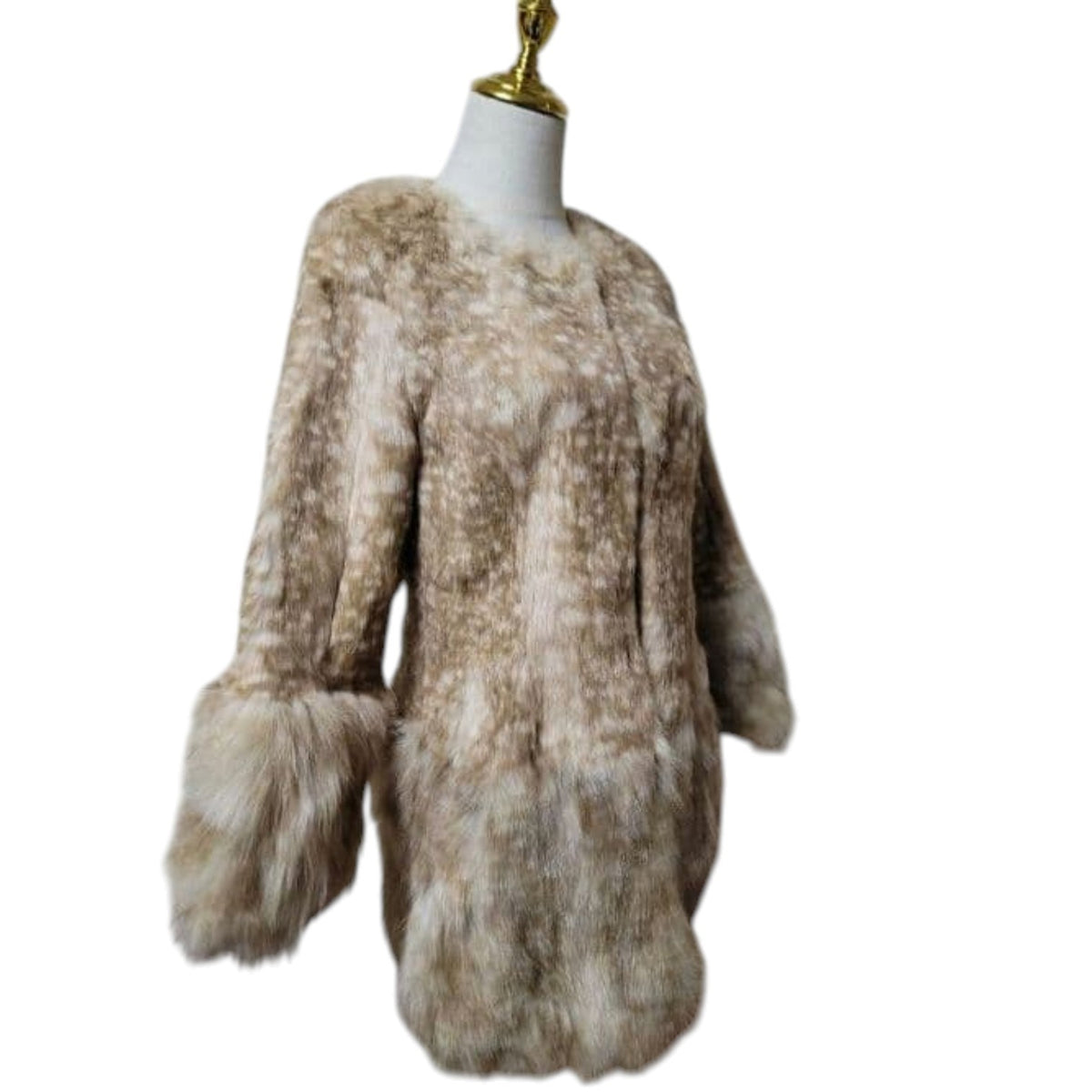 26-266 REAL FOX FUR SHEEPSKIN FAWN PRINT COAT JACKET CAMEL BEIGE SIZE S JAPAN
