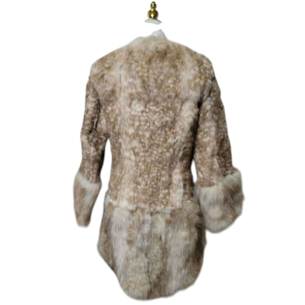 26-266 REAL FOX FUR SHEEPSKIN FAWN PRINT COAT JACKET CAMEL BEIGE SIZE S JAPAN