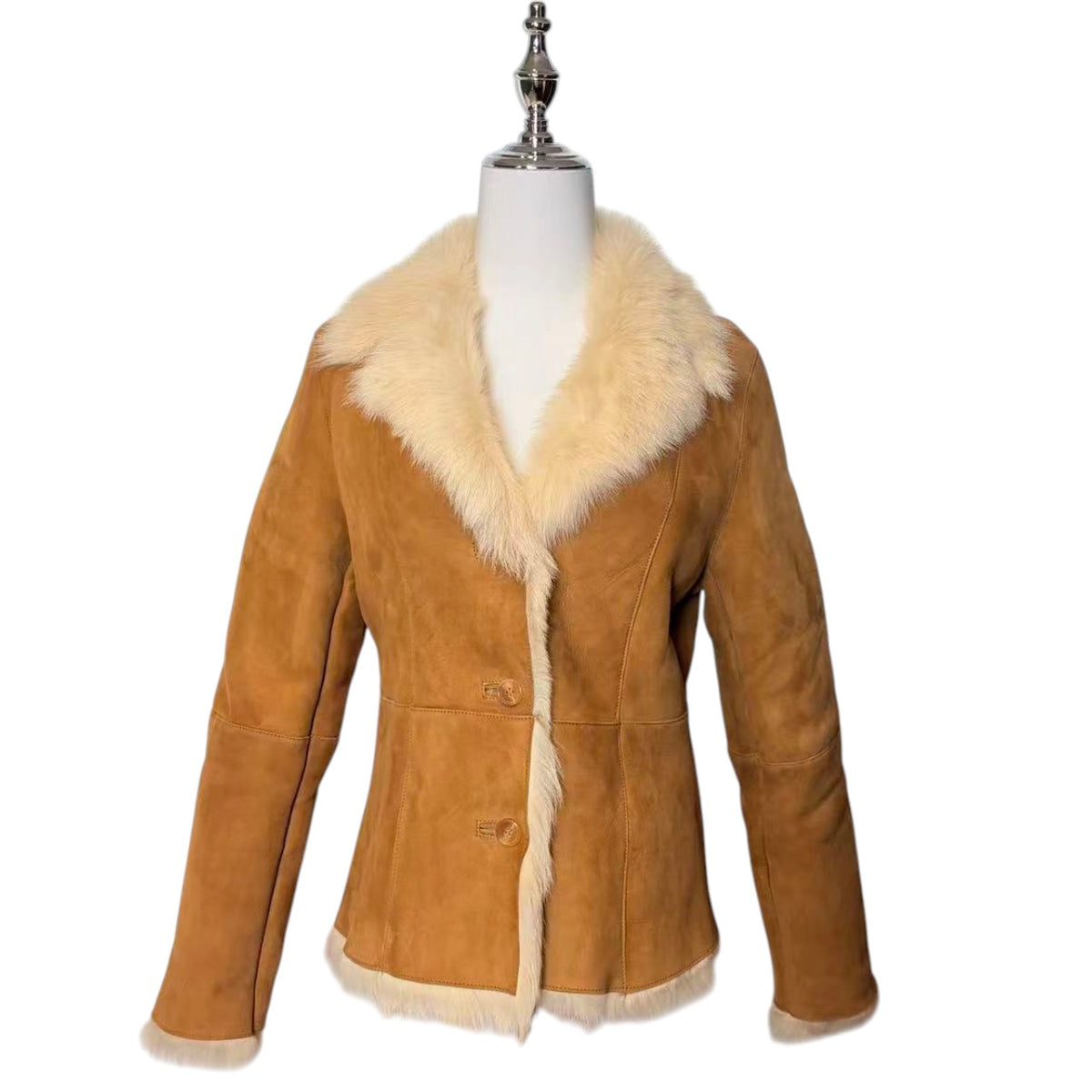 REAL SHEARLING MOUTON FUR JACKET COAT BEIGE CAMEL SIZE S SHORT KOREA