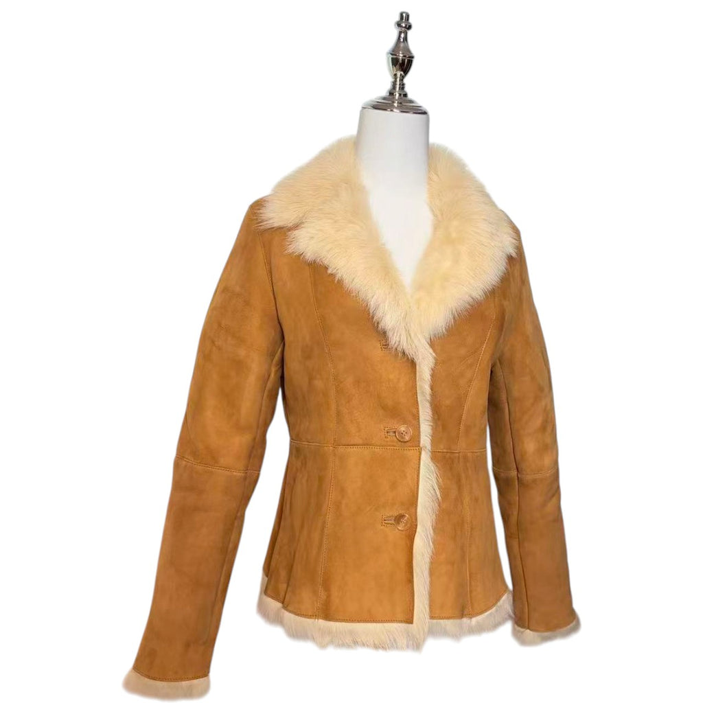 REAL SHEARLING MOUTON FUR JACKET COAT BEIGE CAMEL SIZE S SHORT KOREA