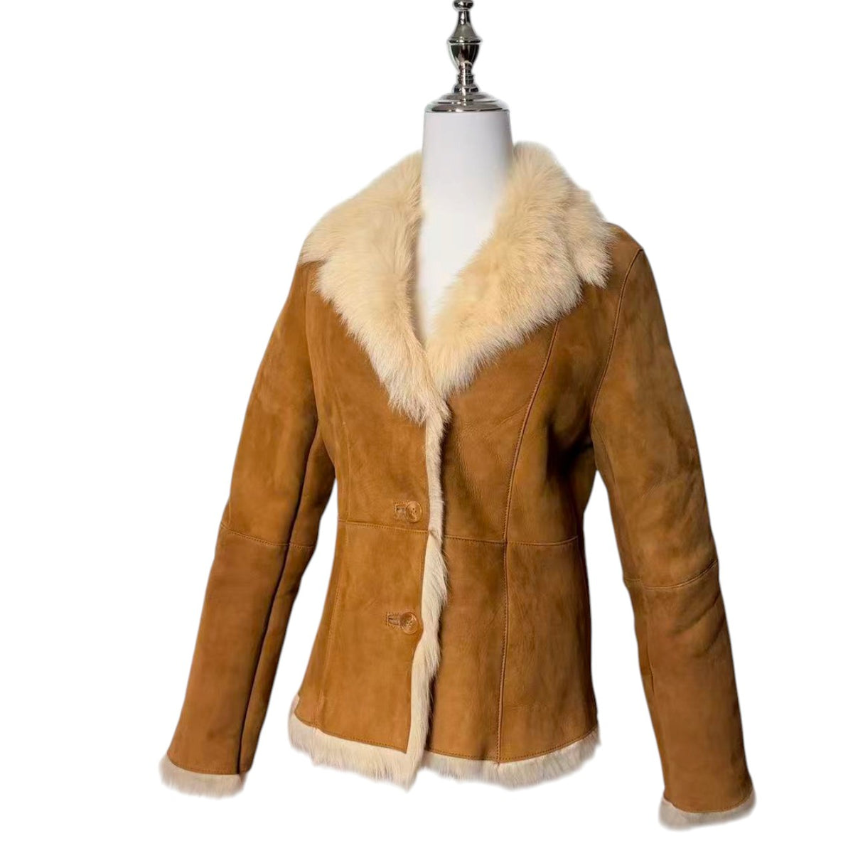 REAL SHEARLING MOUTON FUR JACKET COAT BEIGE CAMEL SIZE S SHORT KOREA