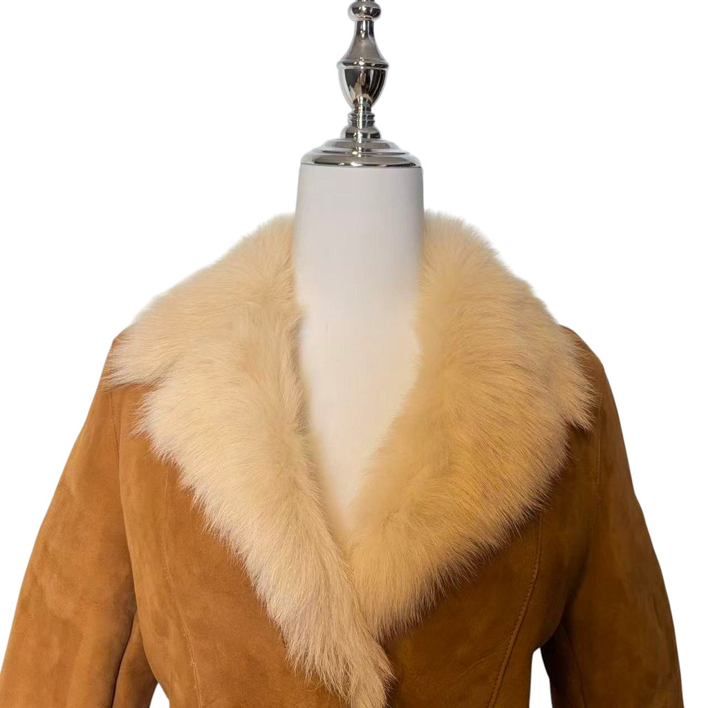 REAL SHEARLING MOUTON FUR JACKET COAT BEIGE CAMEL SIZE S SHORT KOREA