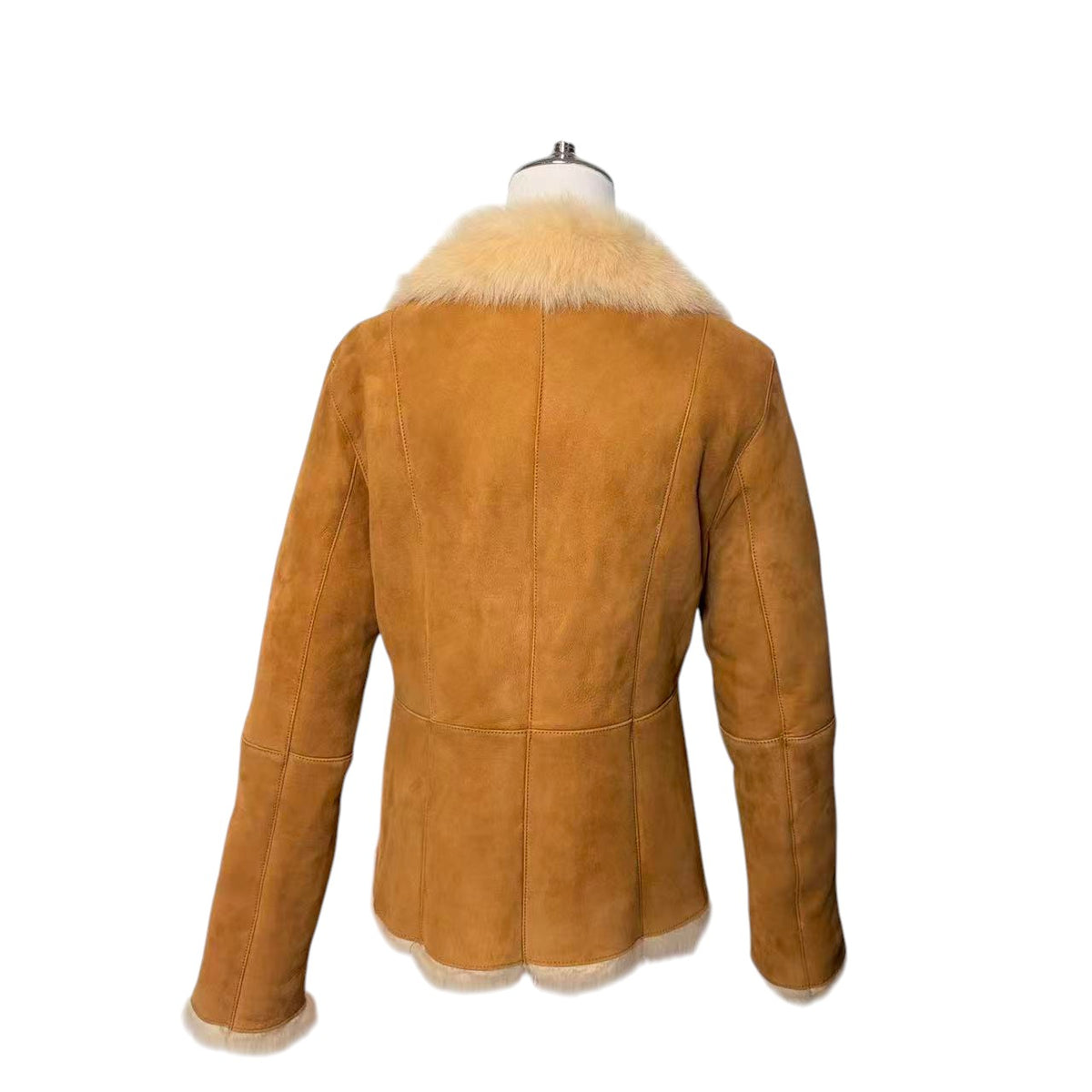 REAL SHEARLING MOUTON FUR JACKET COAT BEIGE CAMEL SIZE S SHORT KOREA