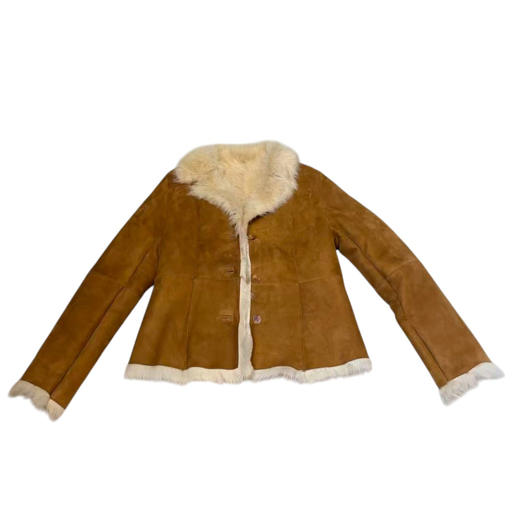 REAL SHEARLING MOUTON FUR JACKET COAT BEIGE CAMEL SIZE S SHORT KOREA