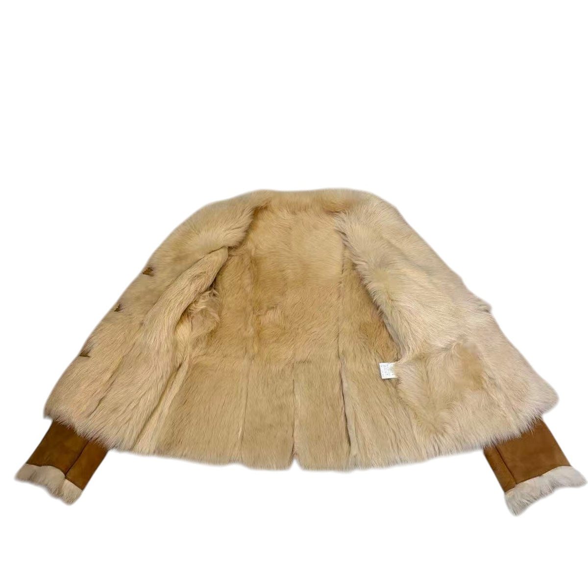 REAL SHEARLING MOUTON FUR JACKET COAT BEIGE CAMEL SIZE S SHORT KOREA