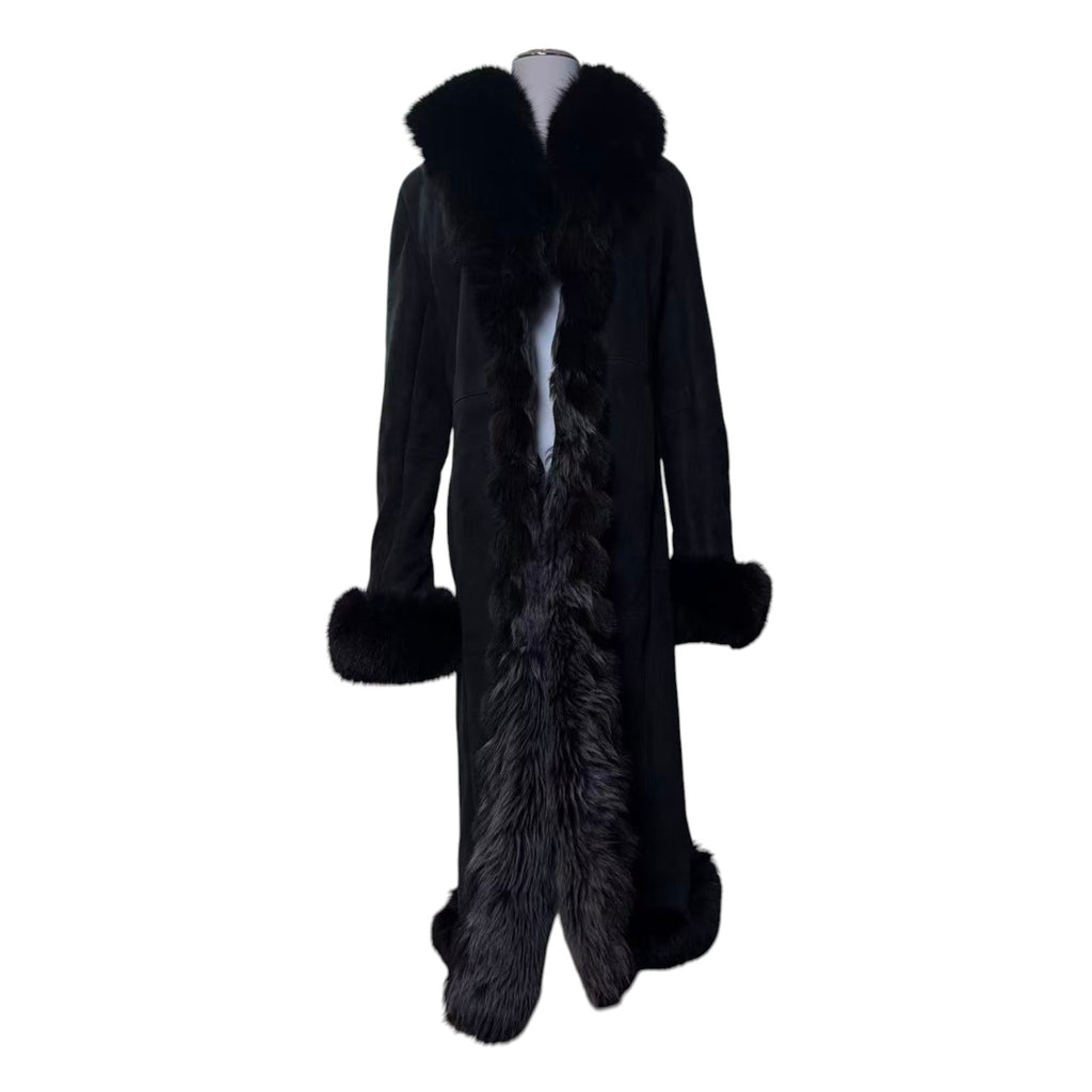 REAL SHEEPSKIN SHEARLING LONG COAT DOUBLE FACE BLACK MOUTON KOREA