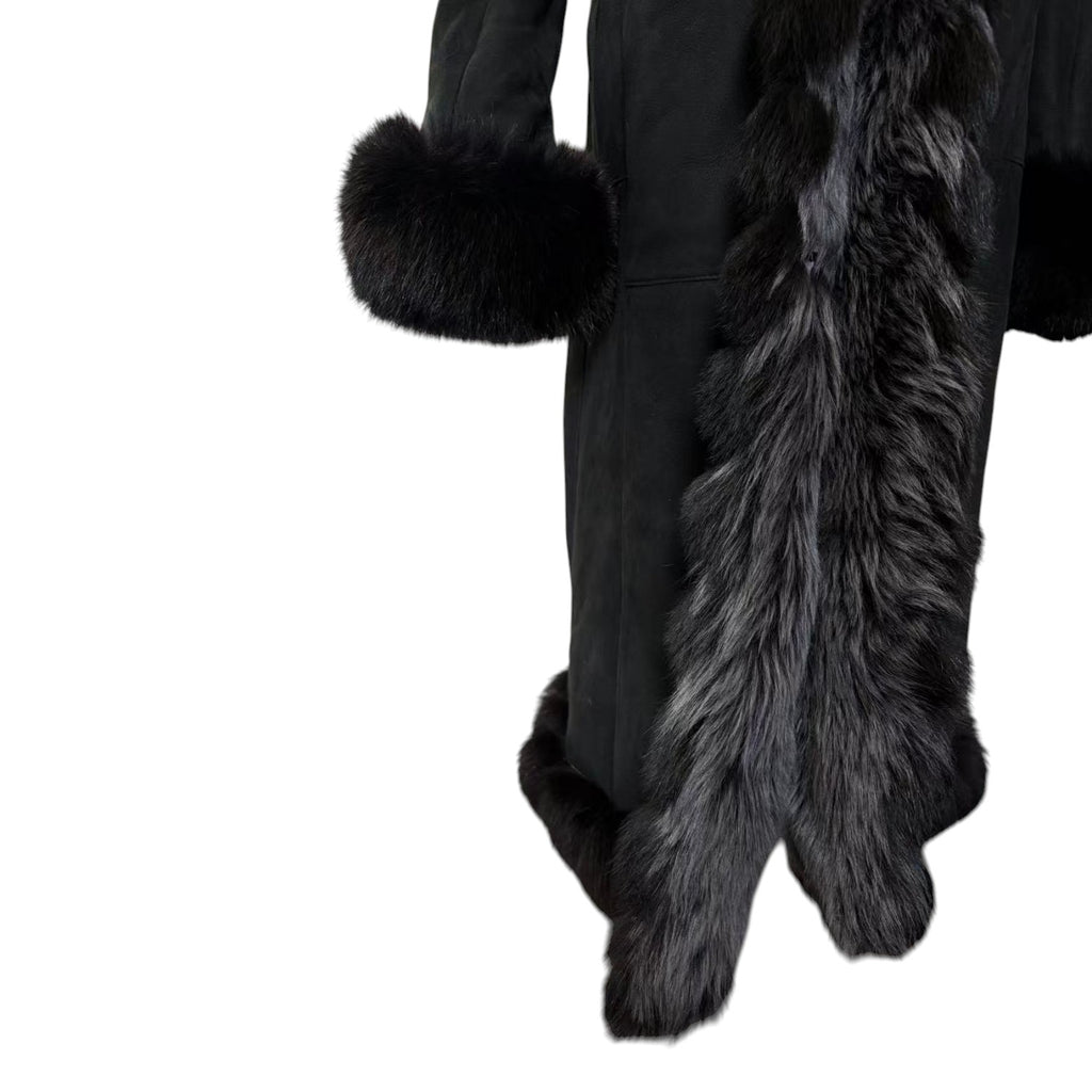 REAL SHEEPSKIN SHEARLING LONG COAT DOUBLE FACE BLACK MOUTON KOREA