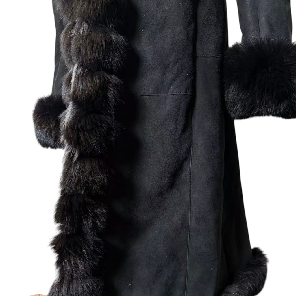 REAL SHEEPSKIN SHEARLING LONG COAT DOUBLE FACE BLACK MOUTON KOREA