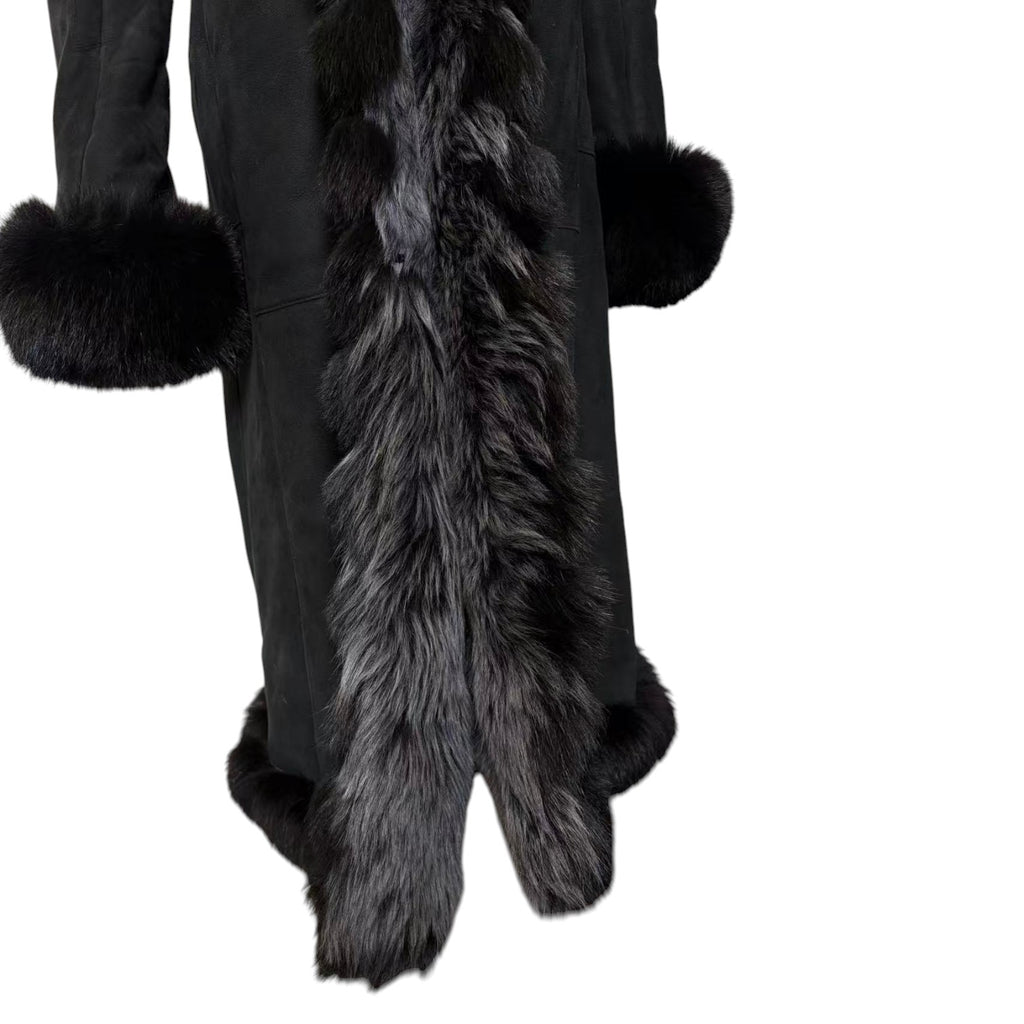 REAL SHEEPSKIN SHEARLING LONG COAT DOUBLE FACE BLACK MOUTON KOREA