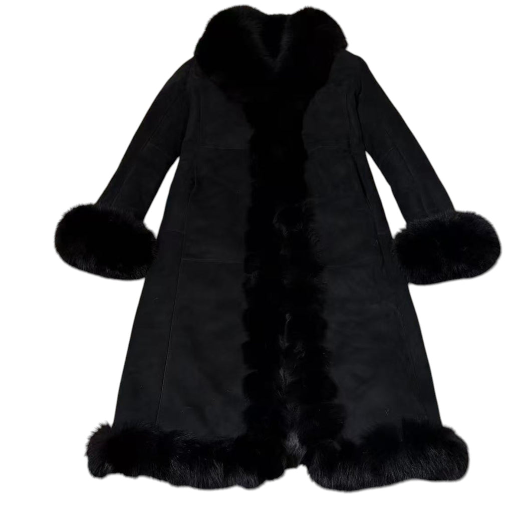 REAL SHEEPSKIN SHEARLING LONG COAT DOUBLE FACE BLACK MOUTON KOREA