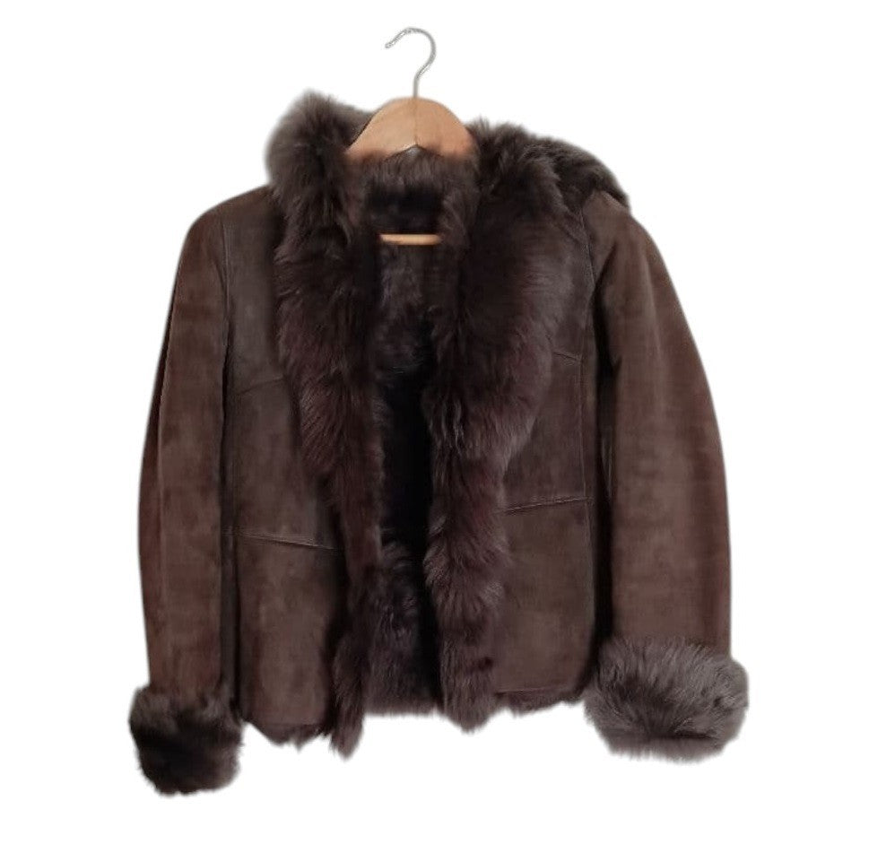 26-292 REAL MOUTON SHEARLING FUR TRIM JACKET COAT BROWN WINTER WARM M FROM JAPAN
