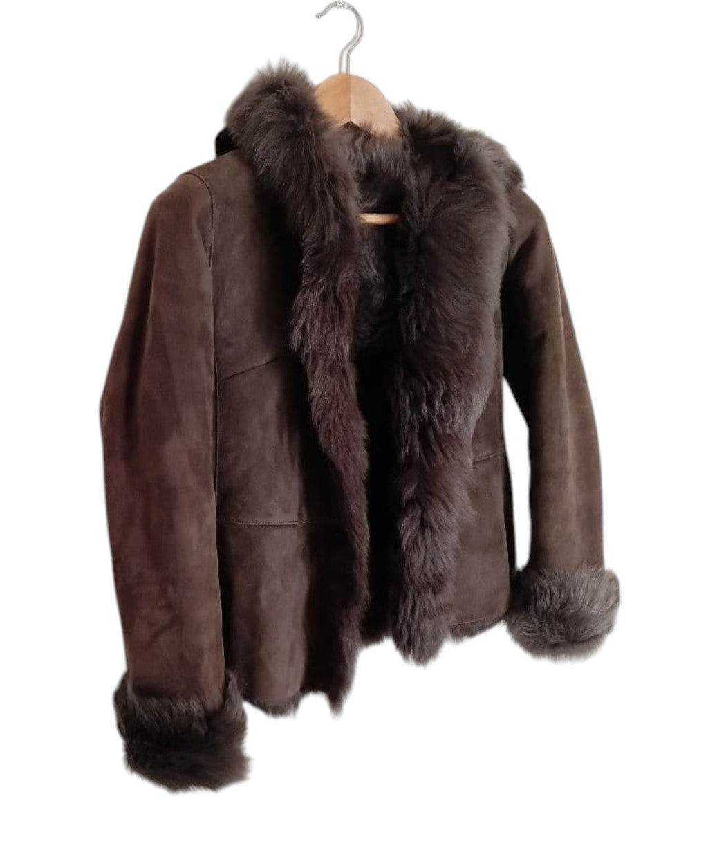 26-292 REAL MOUTON SHEARLING FUR TRIM JACKET COAT BROWN WINTER WARM M FROM JAPAN