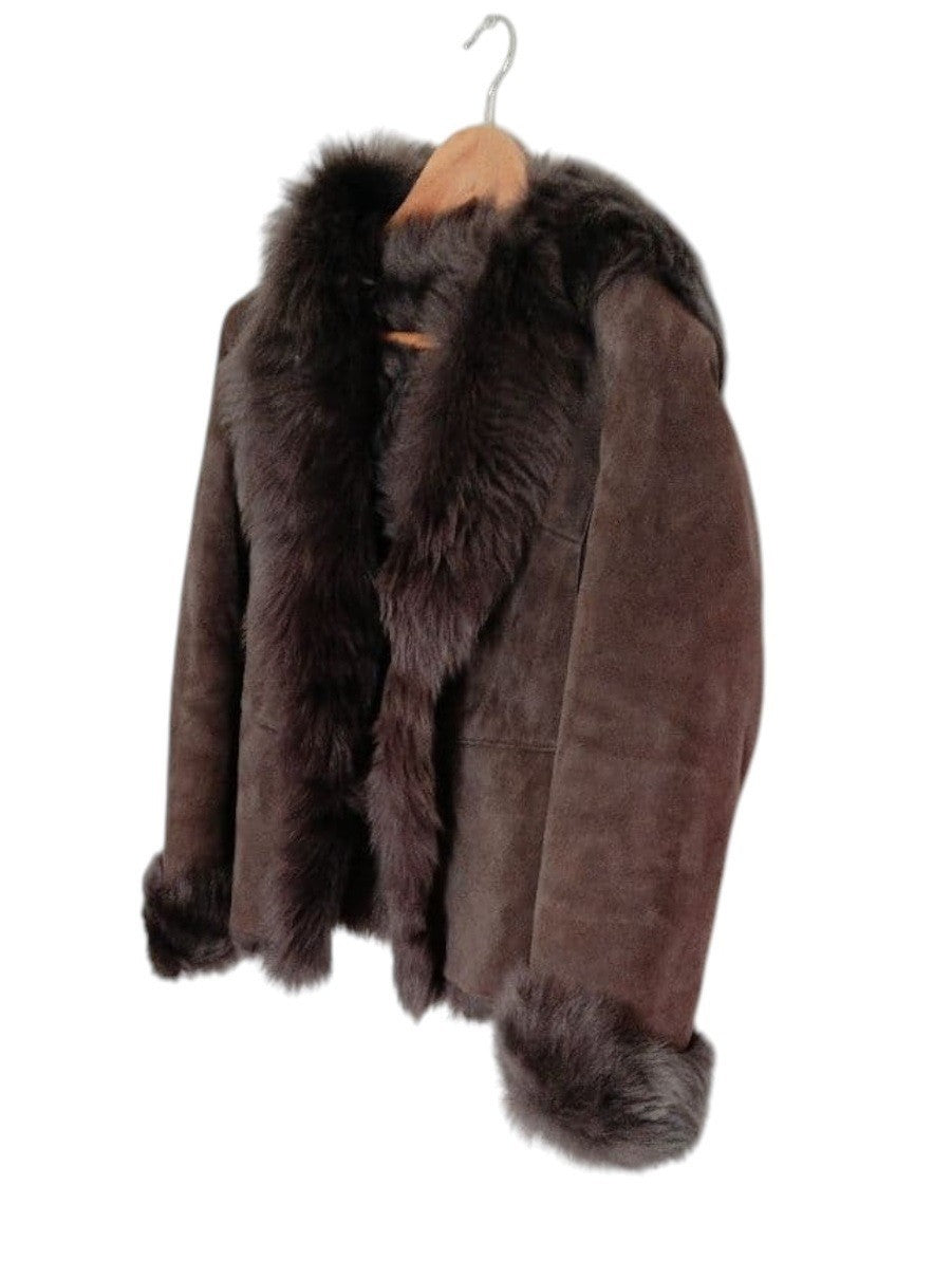26-292 REAL MOUTON SHEARLING FUR TRIM JACKET COAT BROWN WINTER WARM M FROM JAPAN
