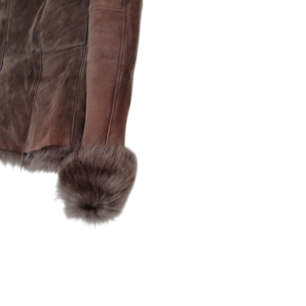 26-292 REAL MOUTON SHEARLING FUR TRIM JACKET COAT BROWN WINTER WARM M FROM JAPAN