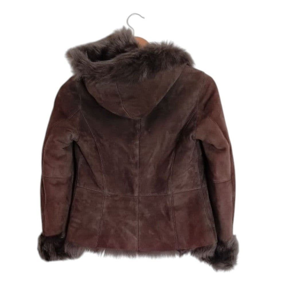 26-292 REAL MOUTON SHEARLING FUR TRIM JACKET COAT BROWN WINTER WARM M FROM JAPAN