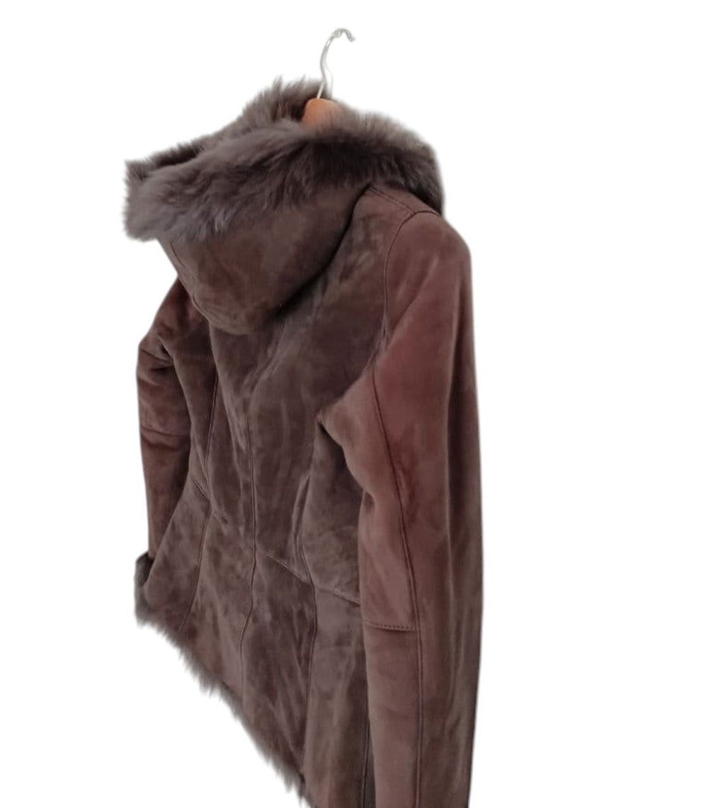 26-292 REAL MOUTON SHEARLING FUR TRIM JACKET COAT BROWN WINTER WARM M FROM JAPAN