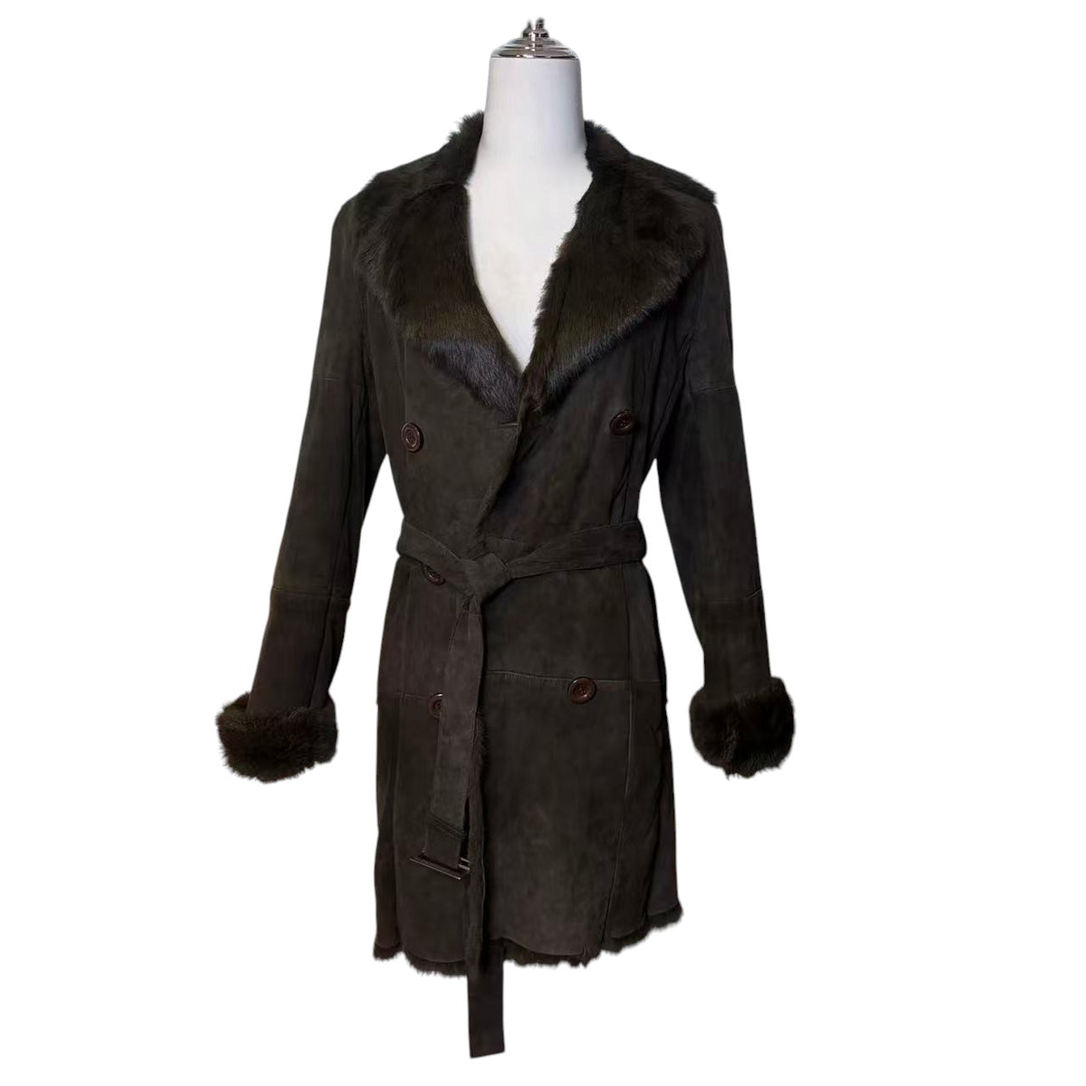 WOMEN'S REAL RABBIT FUR COAT SUEDE DOUBLE BREASTED BROWN SIZE M FROM JAPAN