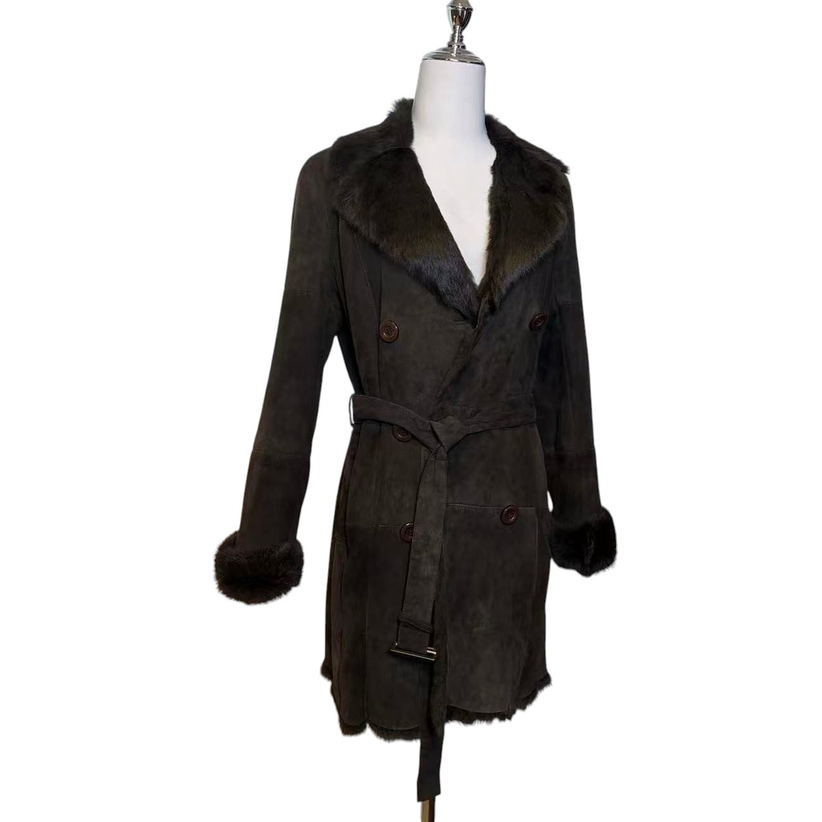 WOMEN'S REAL RABBIT FUR COAT SUEDE DOUBLE BREASTED BROWN SIZE M FROM JAPAN