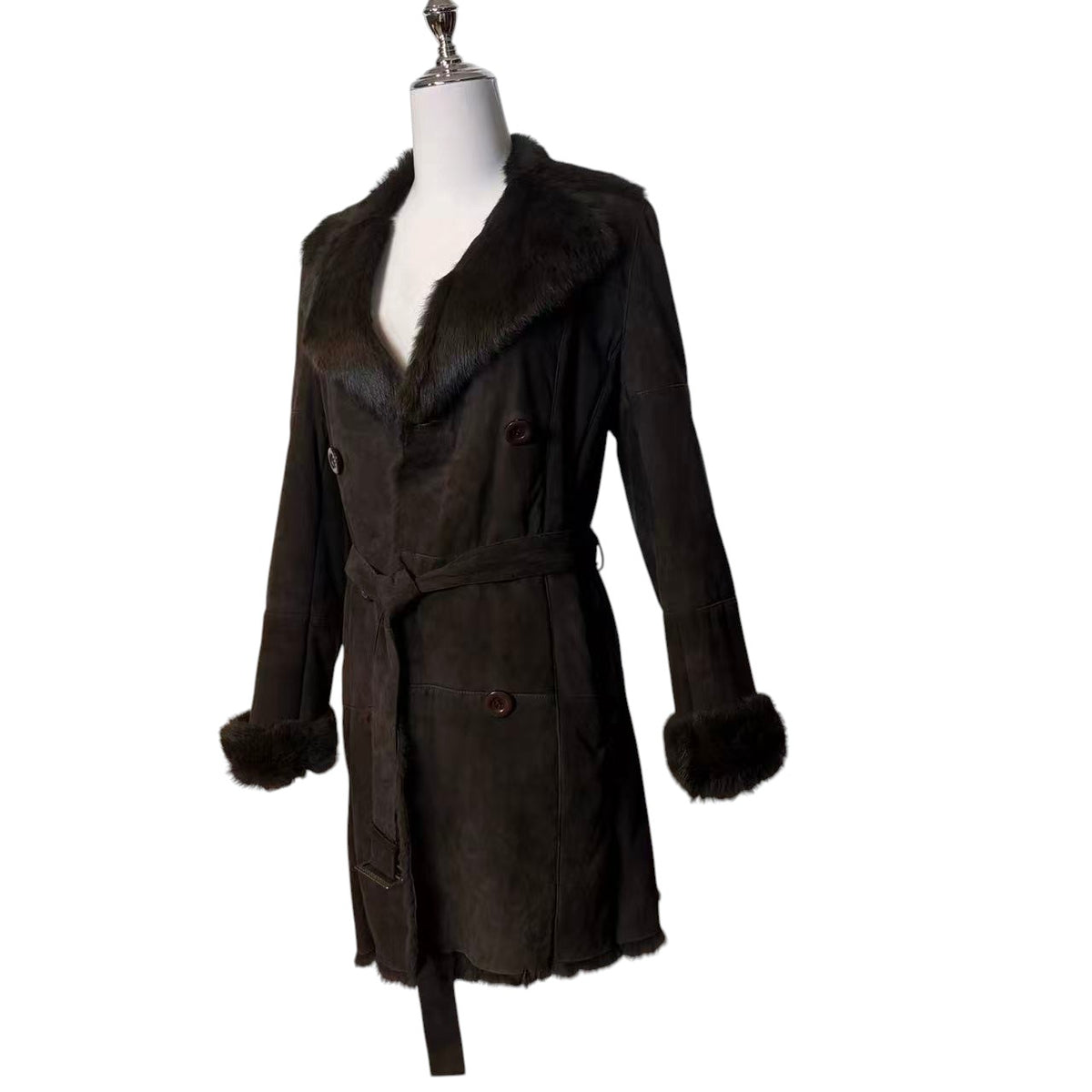 WOMEN'S REAL RABBIT FUR COAT SUEDE DOUBLE BREASTED BROWN SIZE M FROM JAPAN