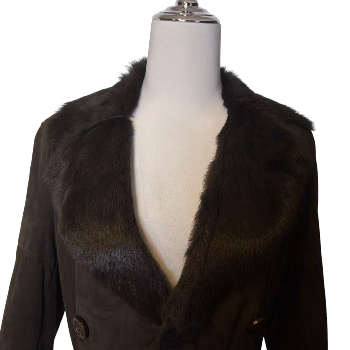 WOMEN'S REAL RABBIT FUR COAT SUEDE DOUBLE BREASTED BROWN SIZE M FROM JAPAN