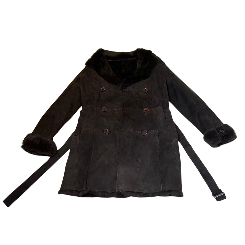 WOMEN'S REAL RABBIT FUR COAT SUEDE DOUBLE BREASTED BROWN SIZE M FROM JAPAN