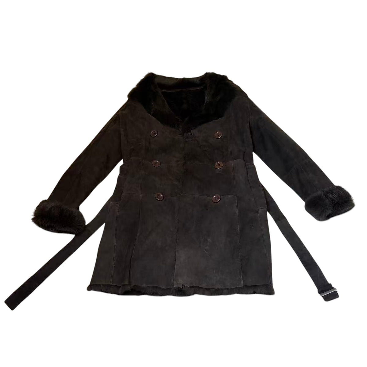 WOMEN'S REAL RABBIT FUR COAT SUEDE DOUBLE BREASTED BROWN SIZE M FROM JAPAN