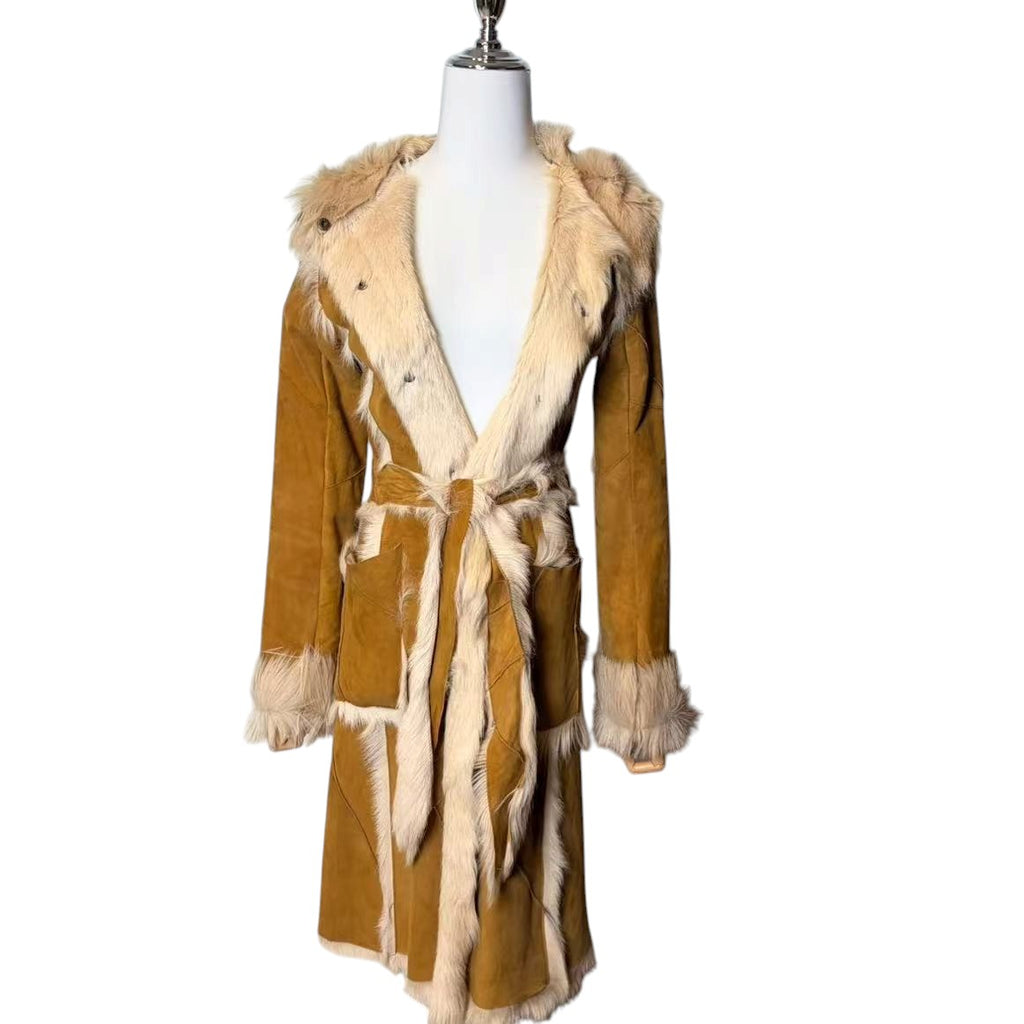 LIP SERVICE REAL GOAT LEATHER FUR LONG COAT BEIGE SIZE S - 26-296 image 1