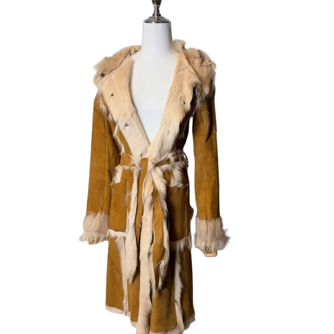 LIP SERVICE REAL GOAT LEATHER FUR LONG COAT BEIGE SIZE S - 26-296 image 2
