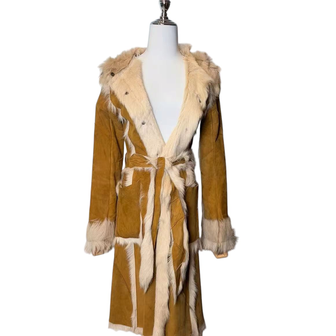 LIP SERVICE REAL GOAT LEATHER FUR LONG COAT BEIGE SIZE S - 26-296 image 3