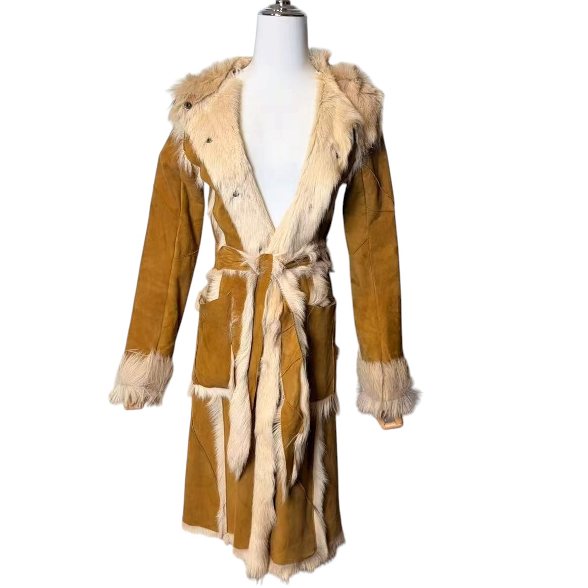 LIP SERVICE REAL GOAT LEATHER FUR LONG COAT BEIGE SIZE S - 26-296 image 5