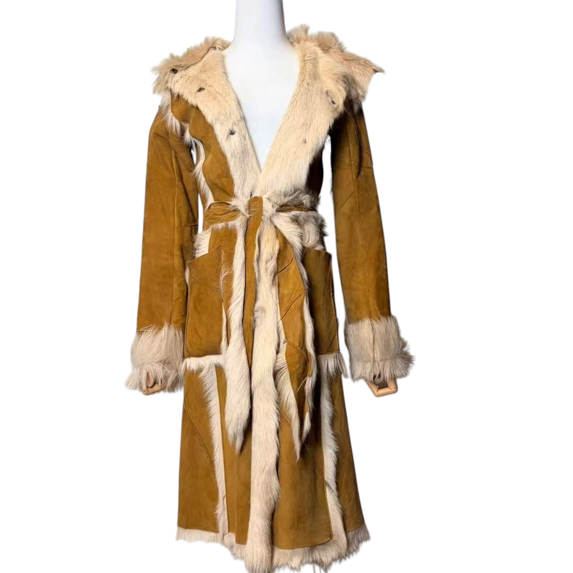 LIP SERVICE REAL GOAT LEATHER FUR LONG COAT BEIGE SIZE S - 26-296 image 6
