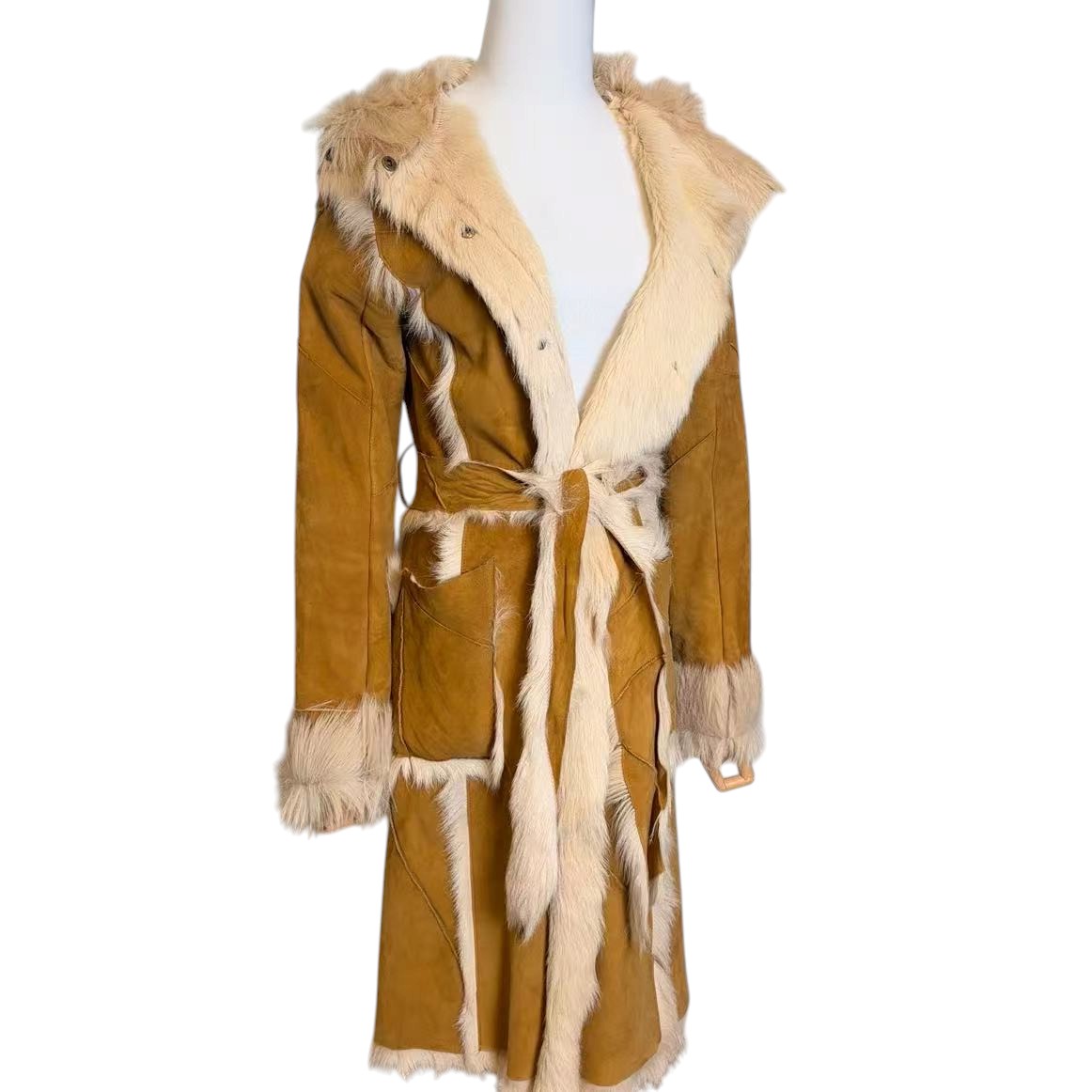 LIP SERVICE REAL GOAT LEATHER FUR LONG COAT BEIGE SIZE S - 26-296 image 7