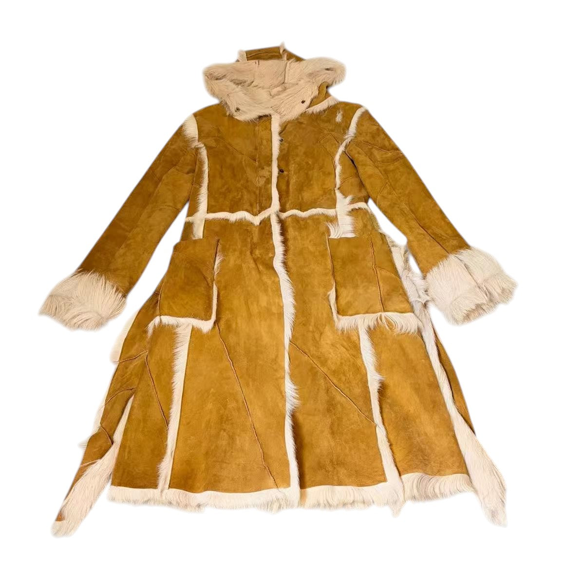 LIP SERVICE REAL GOAT LEATHER FUR LONG COAT BEIGE SIZE S - 26-296 image 8